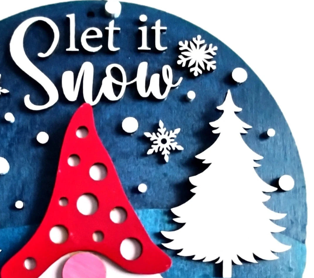 Let It Snow Gnome Sign | Winter Gnome Wall Decor | Layered Wood Farmhouse Winter Sign | Rustic Snowflake Decor | Round Gnome Door Hanger