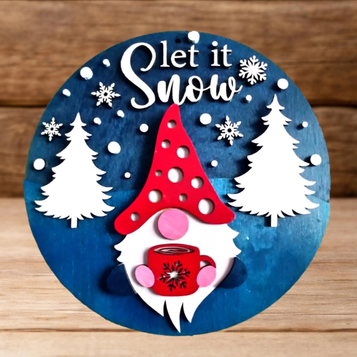 Let It Snow Gnome Sign | Winter Gnome Wall Decor | Layered Wood Farmhouse Winter Sign | Rustic Snowflake Decor | Round Gnome Door Hanger