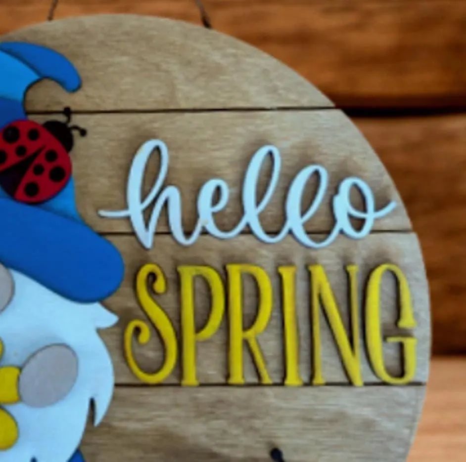Hello Spring Gnome Sign – Rustic Farmhouse Spring Decor – Layered Wood Gnome Door Hanger – Seasonal Front Door Sign