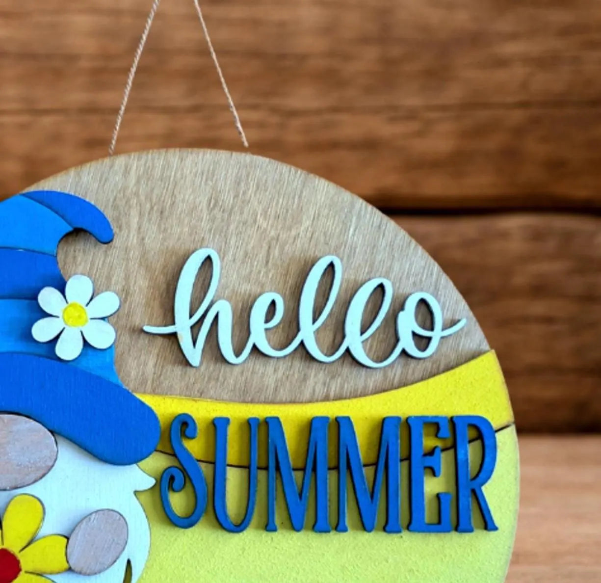Hello Summer Gnome Sign – Rustic Farmhouse Summer Decor – Layered Wood Gnome Door Hanger – Seasonal Front Door Sign