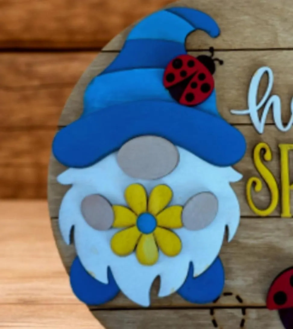 Hello Spring Gnome Sign – Rustic Farmhouse Spring Decor – Layered Wood Gnome Door Hanger – Seasonal Front Door Sign