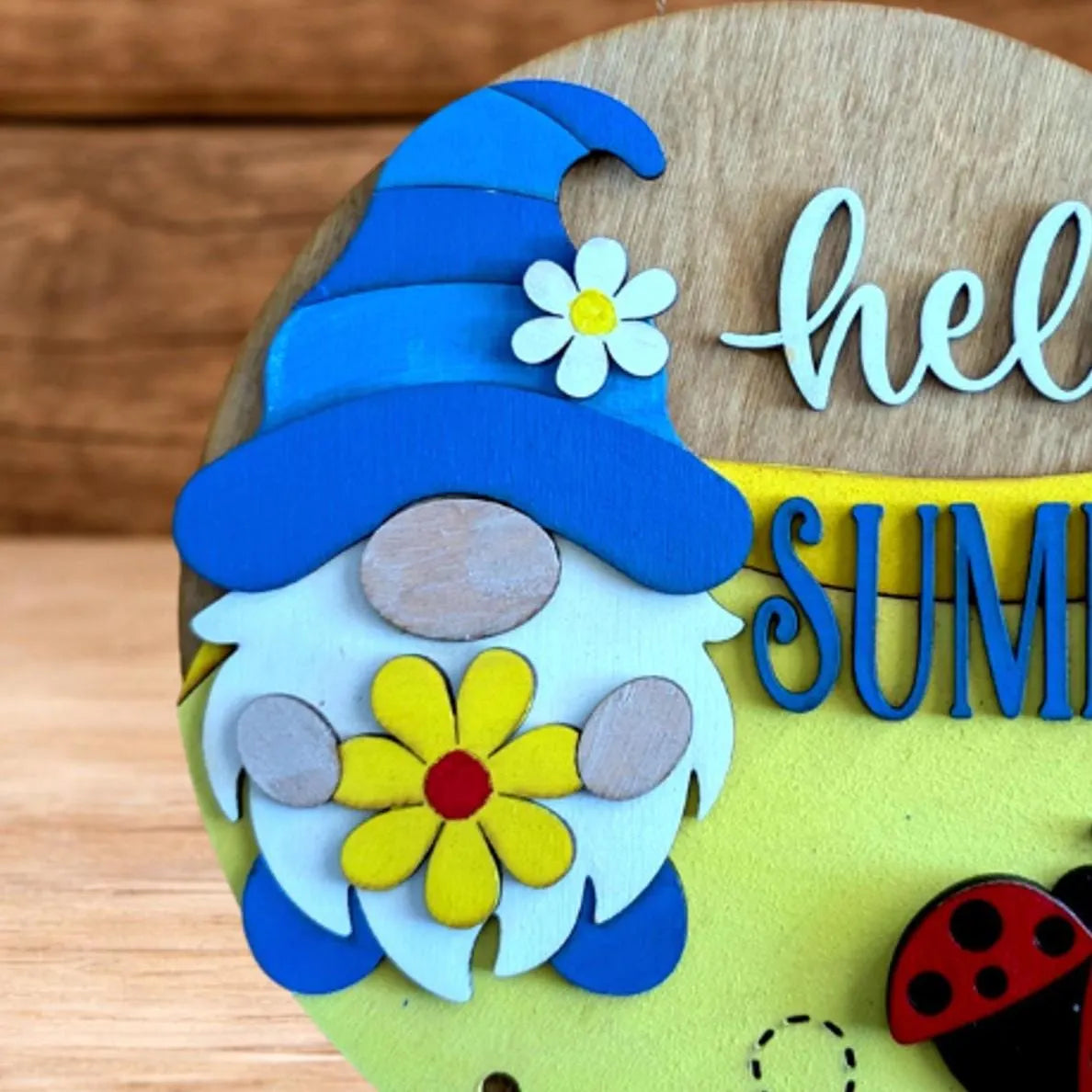 Hello Summer Gnome Sign – Rustic Farmhouse Summer Decor – Layered Wood Gnome Door Hanger – Seasonal Front Door Sign