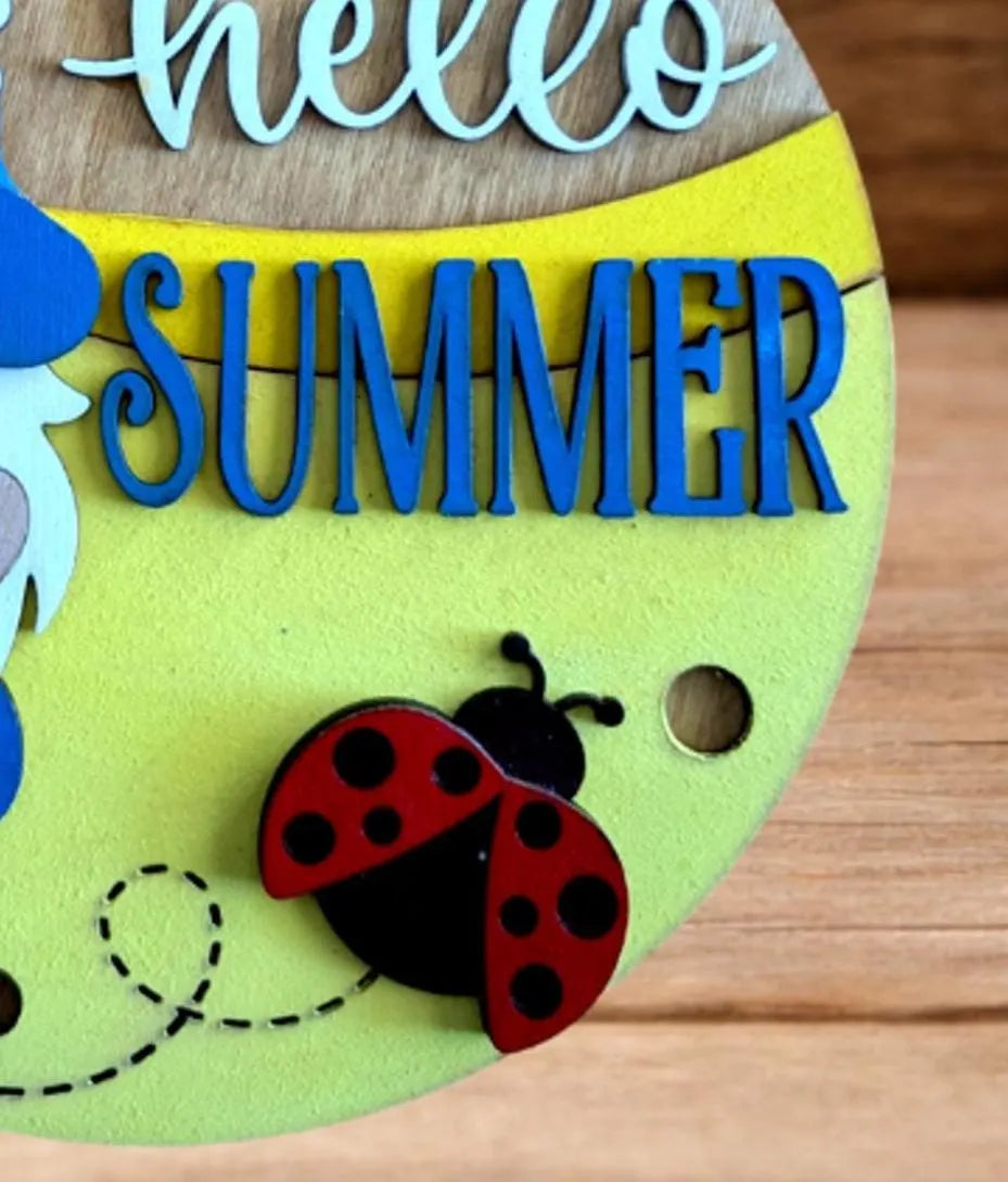 Hello Summer Gnome Sign – Rustic Farmhouse Summer Decor – Layered Wood Gnome Door Hanger – Seasonal Front Door Sign
