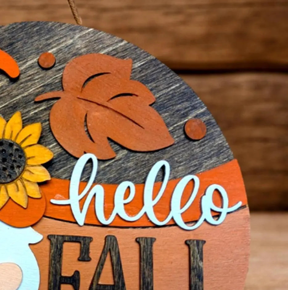 Hello Fall Gnome Sign – Rustic Farmhouse Fall Decor – Layered Wood Gnome Door Hanger – Seasonal Front Door Sign