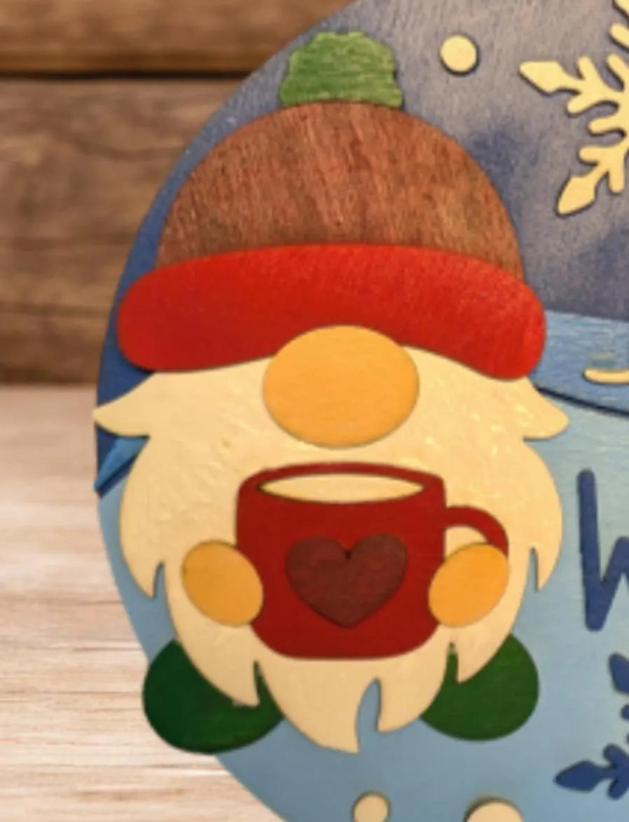 Hello Winter Gnome Sign – Rustic Farmhouse Winter Decor – Layered Wood Gnome Door Hanger – Seasonal Front Door Sign