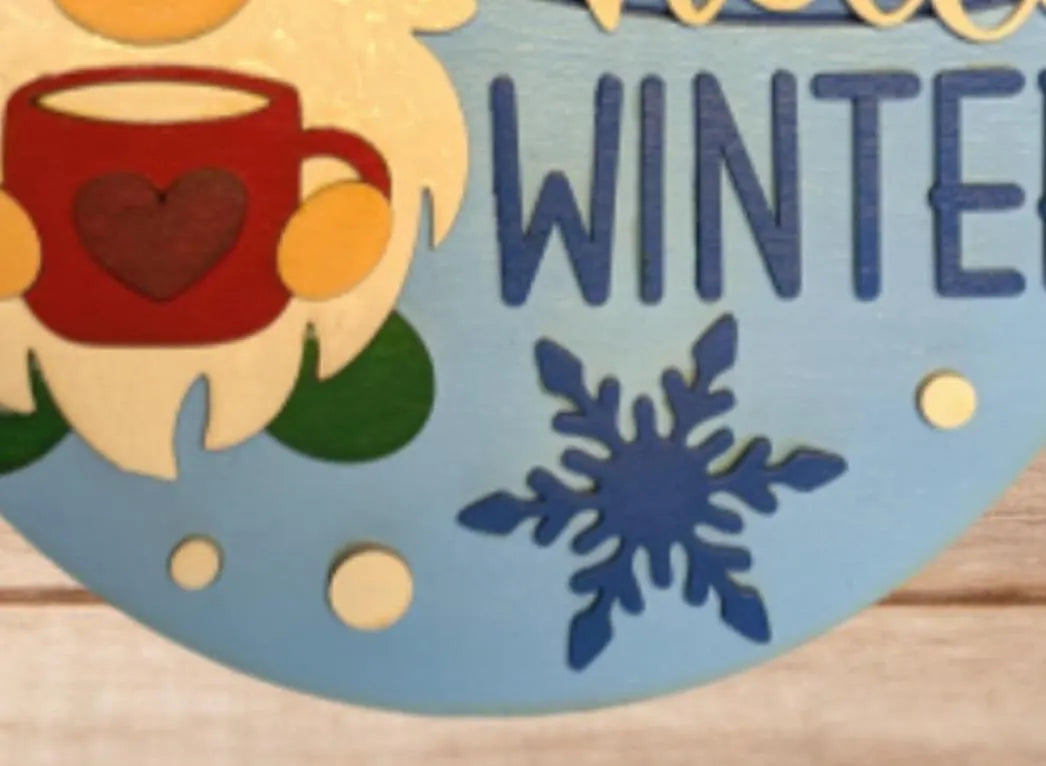 Hello Winter Gnome Sign – Rustic Farmhouse Winter Decor – Layered Wood Gnome Door Hanger – Seasonal Front Door Sign
