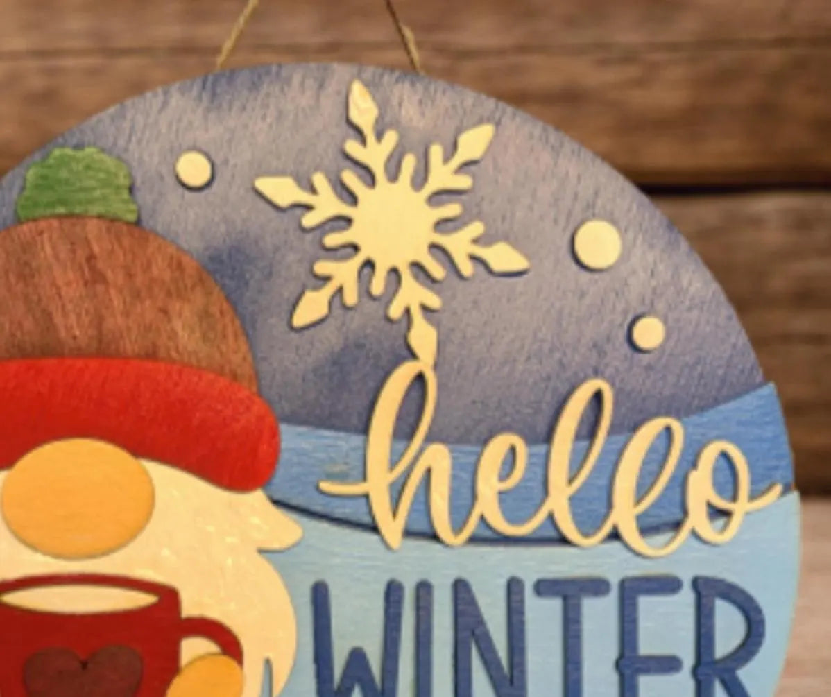 Hello Winter Gnome Sign – Rustic Farmhouse Winter Decor – Layered Wood Gnome Door Hanger – Seasonal Front Door Sign