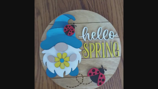 Hello Spring Gnome Sign – Rustic Farmhouse Spring Decor – Layered Wood Gnome Door Hanger – Seasonal Front Door Sign